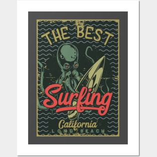 Surfing Octopus california summer waves Posters and Art